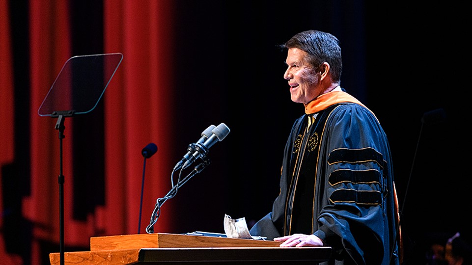 Keith J. Krach, Purdue alumnus, former U.S. undersecretary of state and former chairman of the Purdue Board of Trustees, delivers the keynote address at Purdue University’s winter commencement ceremonies on Dec. 18. (Purdue University photo/Rebecca McElhoe)