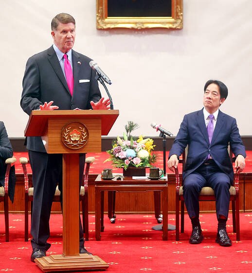 U.S.-Taiwan Business Council Chairman Keith Krach speaks during the annual Chairman’s trip at a meeting with Taiwan President-elect William Lai, center, and Vice President-elect Hsiao Bi-khim in Taipei.