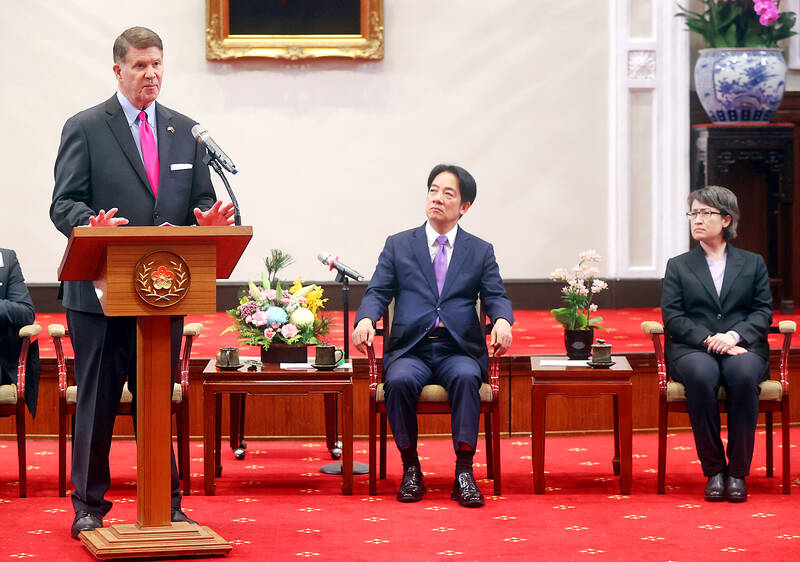 Keith Krach speaks in Taipei with Taiwan President-elect William Lai and Vice President-elect Hsiao Bi-khim present.
